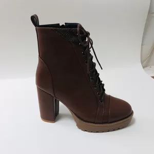 Brown PU High-Heel Ankle Boots with Chain Decoration