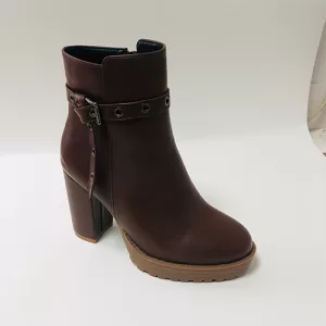 Brown PU High-Heel Ankle Boots with Zipper and Adjustable Straps