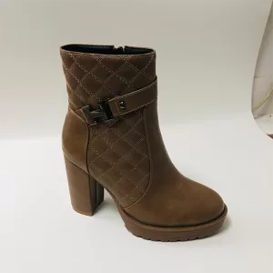Camel PU High-Heel Ankle Boots with Mesh and Zipper