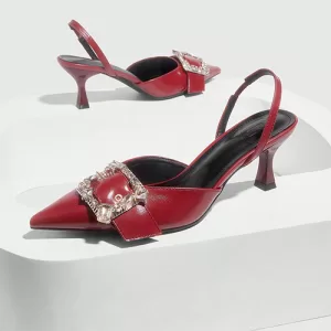 Closed-toe High Heel Sandals-Burgundy Acrylic & Metal-Embellished