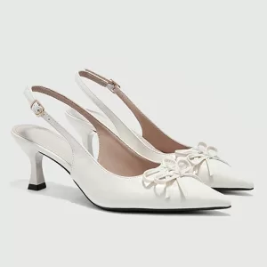 Closed-toe High Heel Sandals with Pearl-Embellished Bow