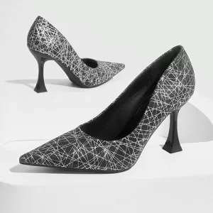 High-Heel Pumps with Unique Line-Pattern Upper