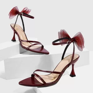Open-toe High Heel Sandals-Burgundy Suede Bow-Embellished