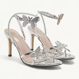 Open-toe High Heel Sandals-Silver Butterfly-Embellished
