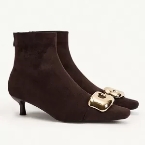 Suede Stiletto Ankle Boots with Metal Decoration